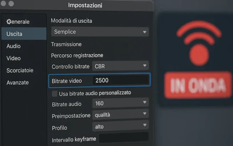 Impostazioni OBS Studio scheda Uscita con bitrate video e encoder