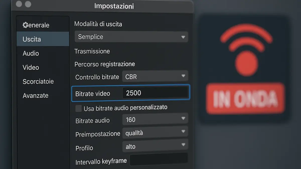 Impostazioni OBS Studio scheda Uscita con bitrate video e encoder