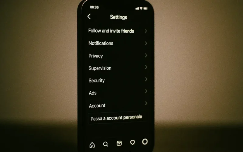 Interfaccia Instagram con freccia che mostra il passaggio da account Creator a Personale