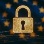 Lucchetto digitale con ingranaggi su sfondo bandiera UE