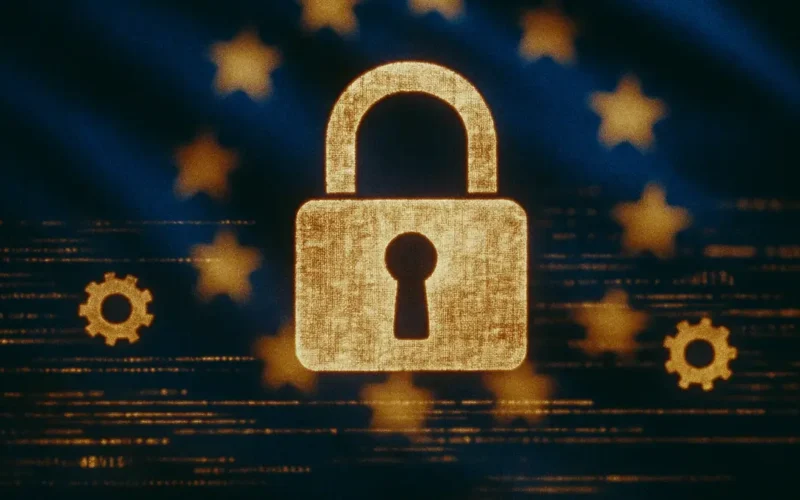 Lucchetto digitale con ingranaggi su sfondo bandiera UE