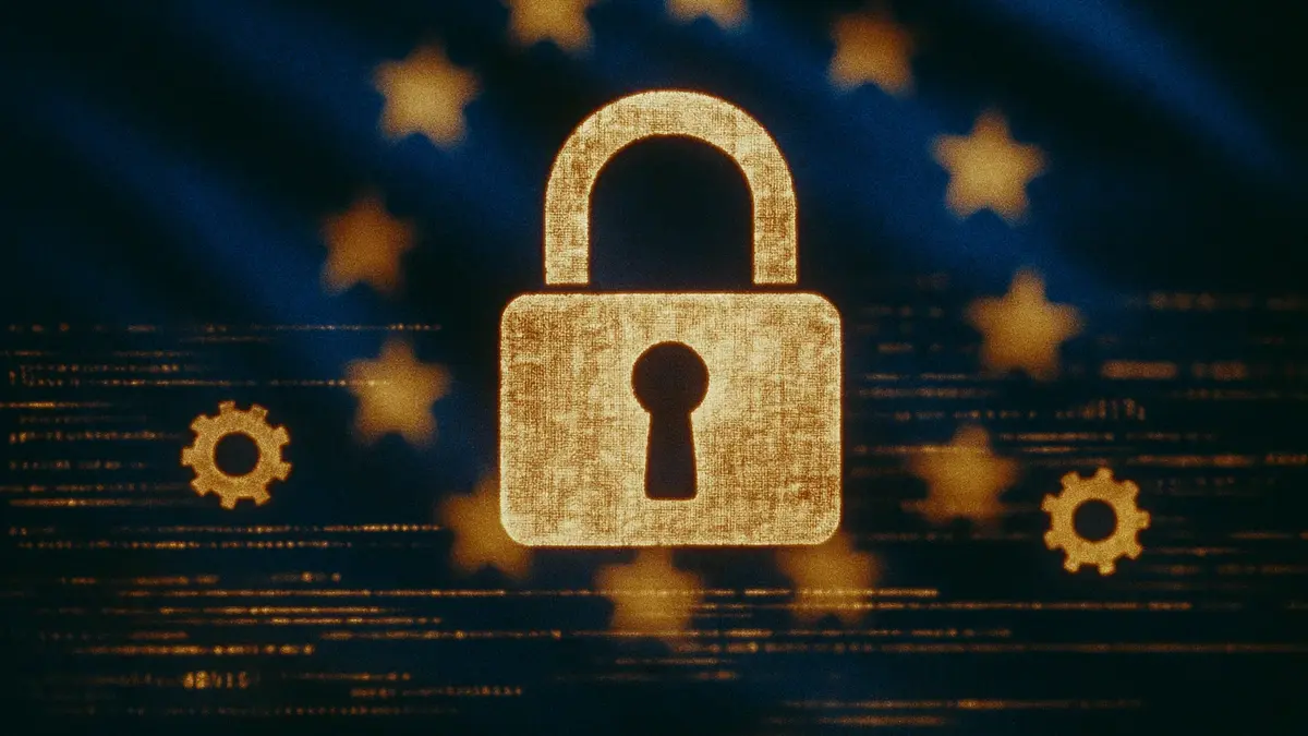 Lucchetto digitale con ingranaggi su sfondo bandiera UE