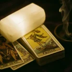 Mani di un tarologo che mescolano un mazzo di tarocchi