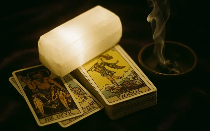 Mani di un tarologo che mescolano un mazzo di tarocchi