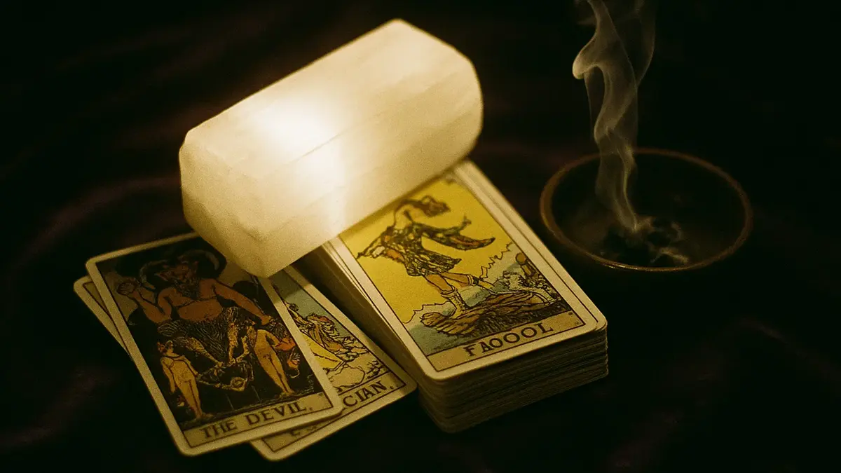 Mani di un tarologo che mescolano un mazzo di tarocchi