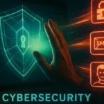 Mano che blocca un attacco di phishing o truffa online su uno schermo digitale