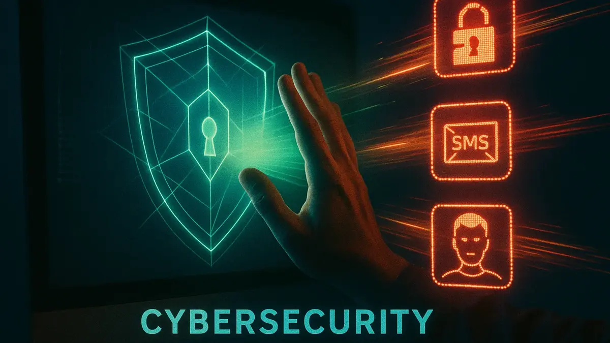 Mano che blocca un attacco di phishing o truffa online su uno schermo digitale
