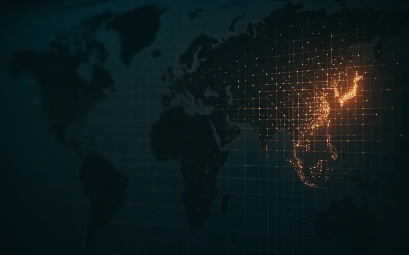 Mappa mondo illuminata con icone di persone connesse