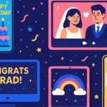 Mosaico di schermi di smartphone e tablet con diversi auguri virtuali