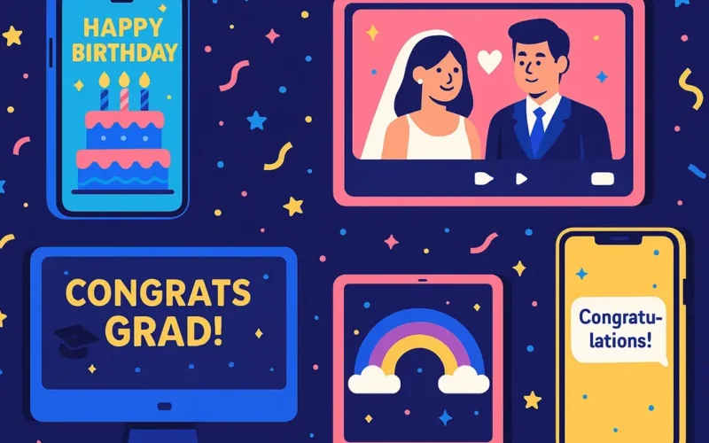 Mosaico di schermi di smartphone e tablet con diversi auguri virtuali