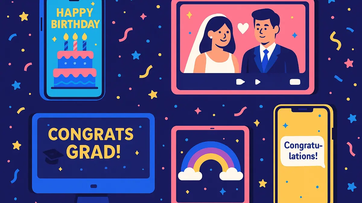 Mosaico di schermi di smartphone e tablet con diversi auguri virtuali