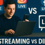 Persona che trasmette in live streaming su computer e smartphone durante una diretta online