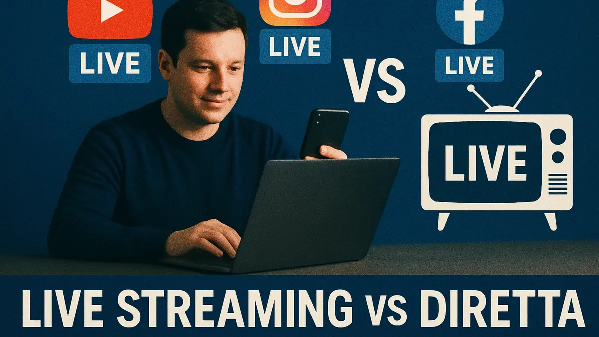 Persona che trasmette in live streaming su computer e smartphone durante una diretta online