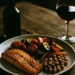 Piatto mediterraneo con pesce verdure fresche legumi e olio oliva
