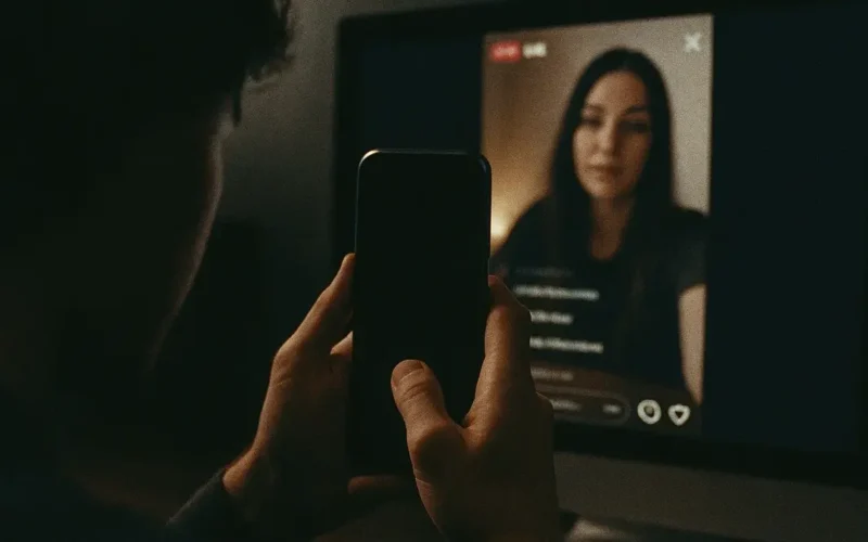 Primo piano di un utente che guarda una diretta Instagram su un monitor di un computer