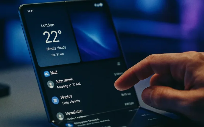 Primo piano di uno smartphone pieghevole aperto