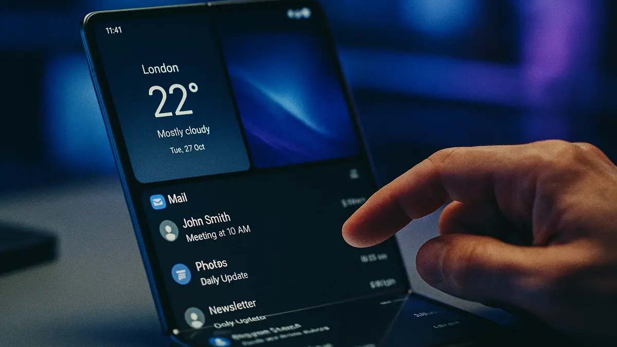 Primo piano di uno smartphone pieghevole aperto