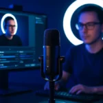 Setup professionale per diretta streaming con microfono a condensatore