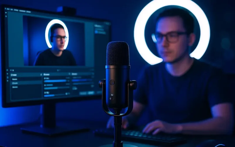 Setup professionale per diretta streaming con microfono a condensatore