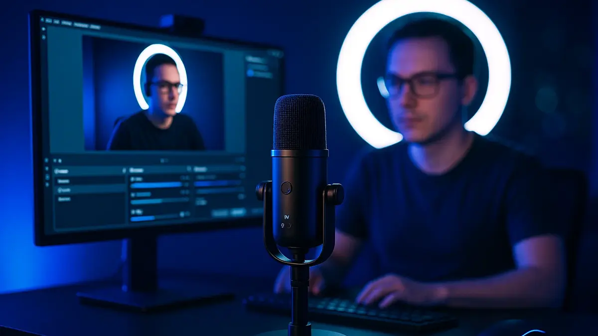 Setup professionale per diretta streaming con microfono a condensatore