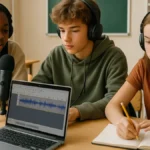 Studenti con cuffie e microfono registrano un podcast in classe