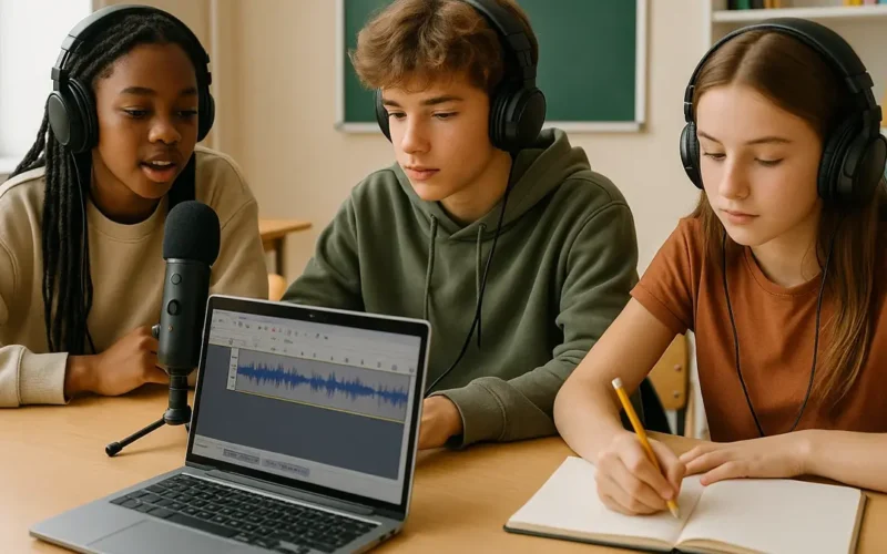 Studenti con cuffie e microfono registrano un podcast in classe