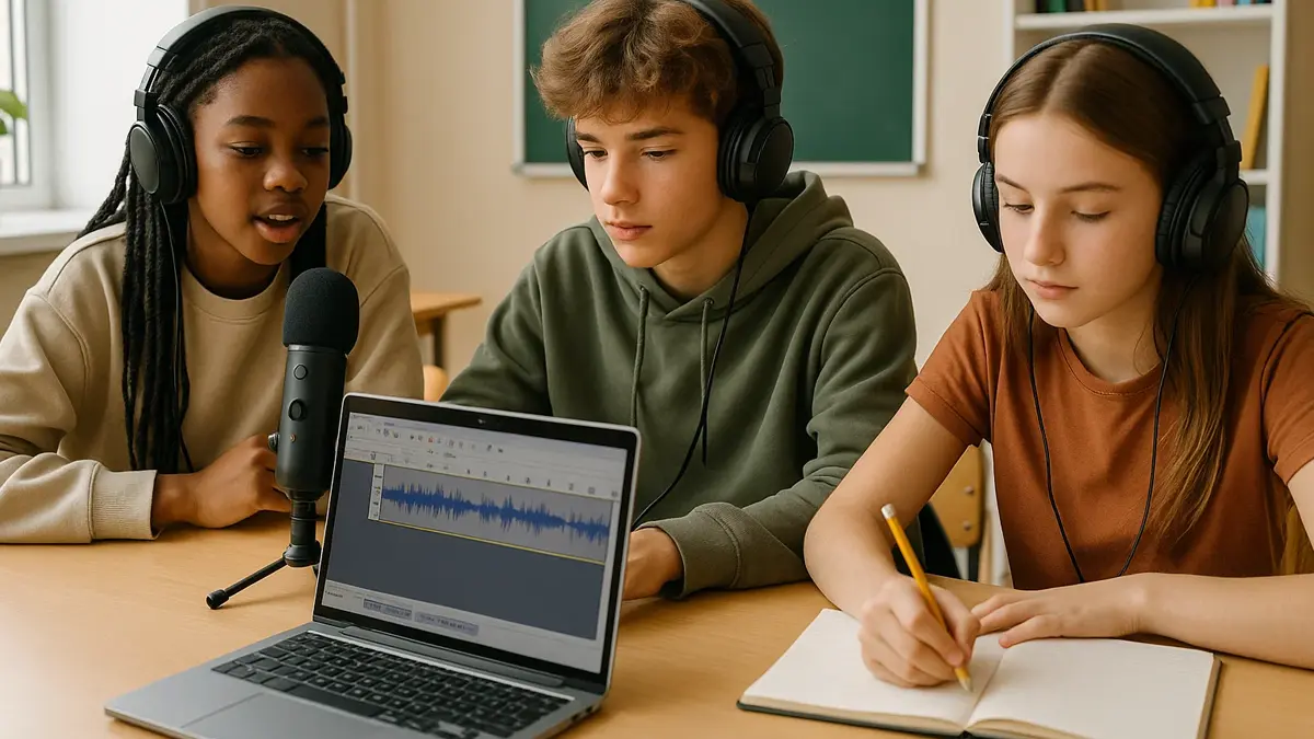 Studenti con cuffie e microfono registrano un podcast in classe