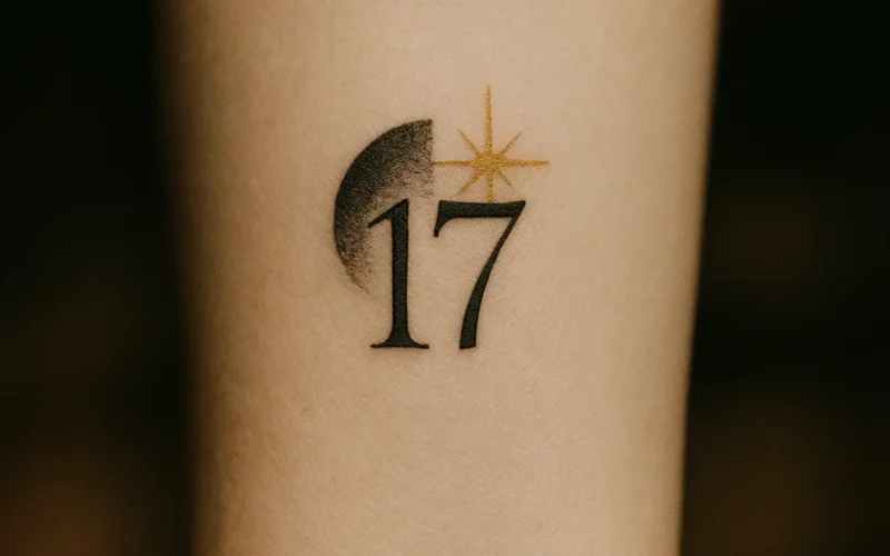 Tatuaggio piccolo numero 17 in stile fine line su avambraccio