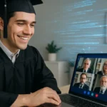 Un laureando sorridente con toga e tocco davanti a un computer