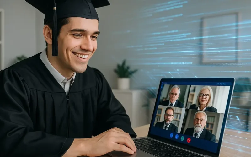 Un laureando sorridente con toga e tocco davanti a un computer