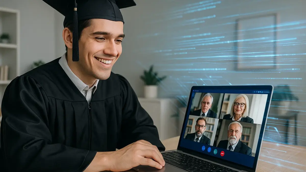 Un laureando sorridente con toga e tocco davanti a un computer