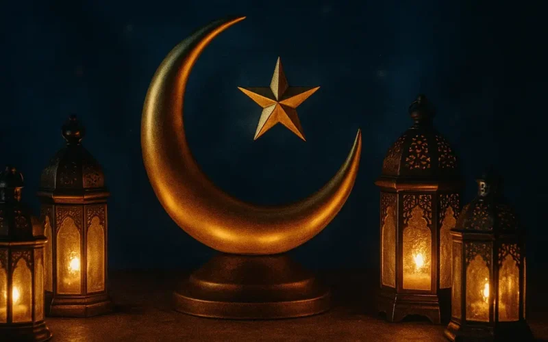 Una mezzaluna dorata stilizzata e lanterne decorative in primo piano