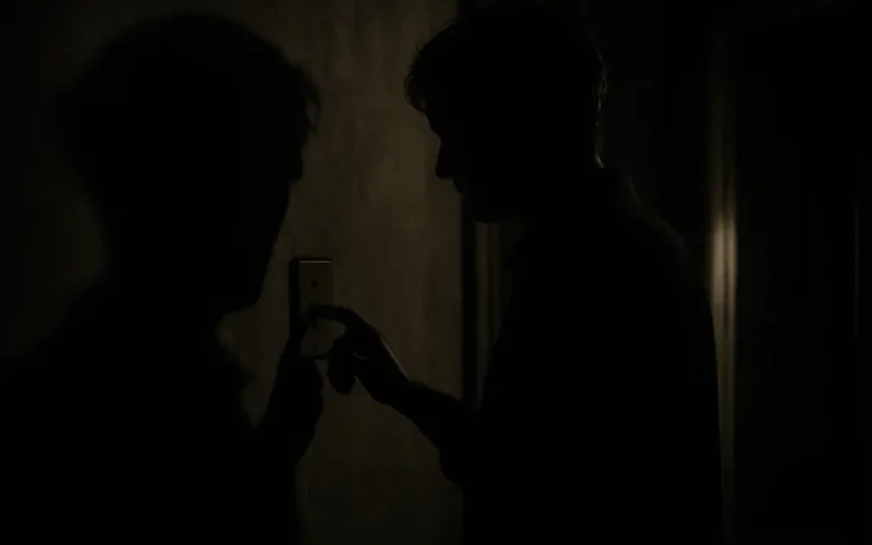 Uomo frustrato davanti a un interruttore spento in una casa buia