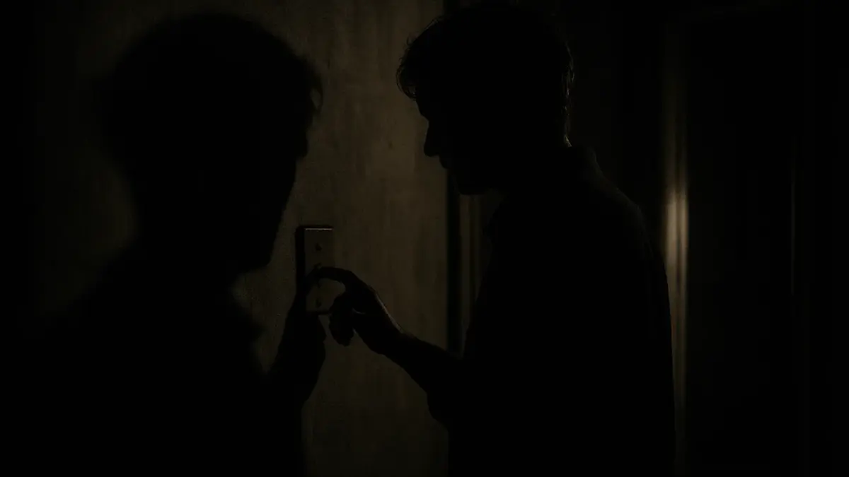 Uomo frustrato davanti a un interruttore spento in una casa buia