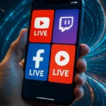 smartphone in mano che trasmette live streaming