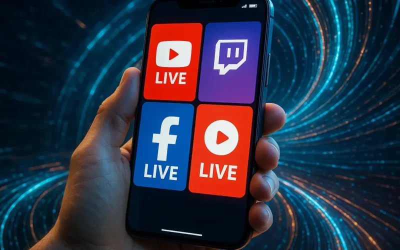 smartphone in mano che trasmette live streaming