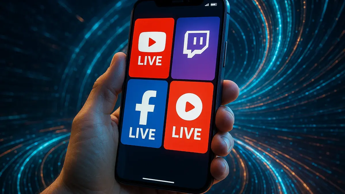 smartphone in mano che trasmette live streaming