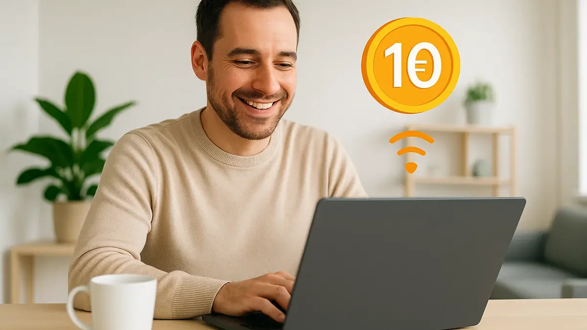 uomo al computer che guadagna 10 euro