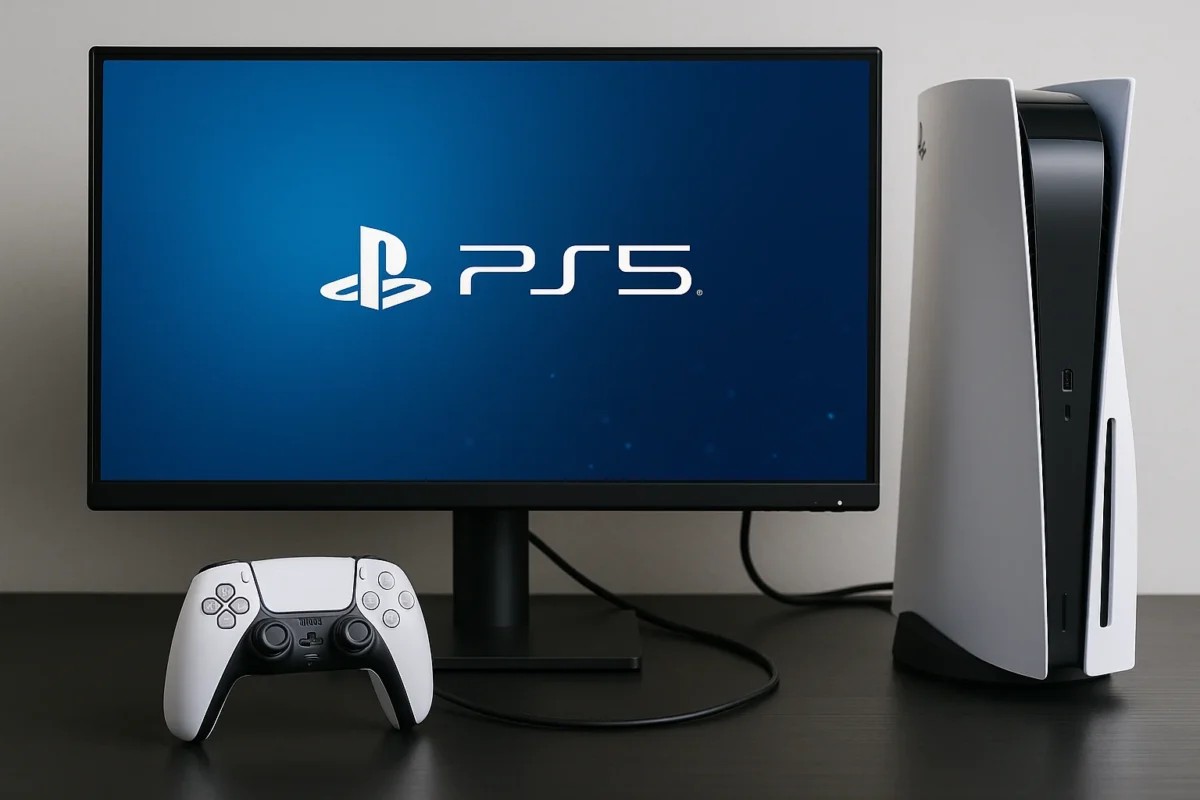 Rappresentazione di una playstation 5 collegata ad un monitor